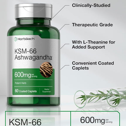 KSM-66® Ashwagandha with L-Theanine – 60 Coated Caplets, Vegan, Non-GMO & Gluten-Free