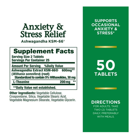 Nature's Bounty Ashwagandha KSM-66 Stress Relief Herbal Supplement 50 Tablets
