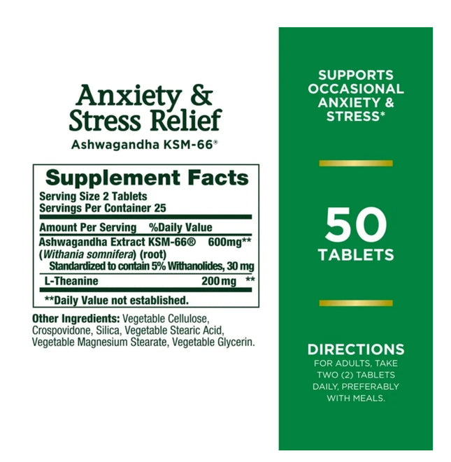 Nature's Bounty Ashwagandha KSM-66 Stress Relief Herbal Supplement 50 Tablets