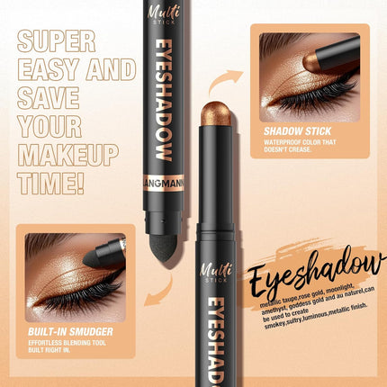 8-Color Dual-Ended Cream Eyeshadow Stick Set – Waterproof, Transfer-Proof, Matte & Shimmer Eye Makeup with Built-In Blender Brush