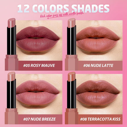 10-Piece Velvet Matte Lipstick Set – Curated Nude & Dark Shades, Soft Matte Finish, Highly Pigmented, Long-Lasting Waterproof Lipsticks