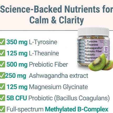 L-Tyrosine + L-Theanine Supplement with Methylated Vitamin B Complex, Magnesium Glycinate, Probiotic Fiber & Chicory Root Inulin