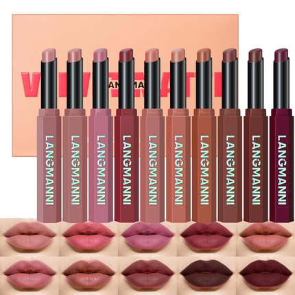 10-Piece Velvet Matte Lipstick Set – Curated Nude & Dark Shades, Soft Matte Finish, Highly Pigmented, Long-Lasting Waterproof Lipsticks