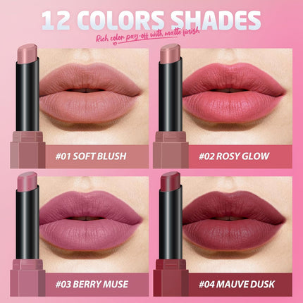 10-Piece Velvet Matte Lipstick Set – Curated Nude & Dark Shades, Soft Matte Finish, Highly Pigmented, Long-Lasting Waterproof Lipsticks
