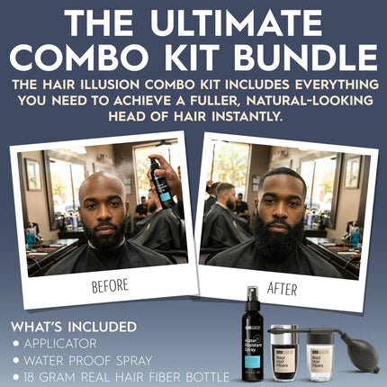 Hair Illusion 100% Real Hair Fibers Kit: 18G Black Fibers, Water Resistant Spray, Applicator Instant Natural Hair Enhancement Sensitive Blend Non Synthetic