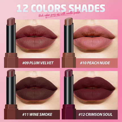 10-Piece Velvet Matte Lipstick Set – Curated Nude & Dark Shades, Soft Matte Finish, Highly Pigmented, Long-Lasting Waterproof Lipsticks