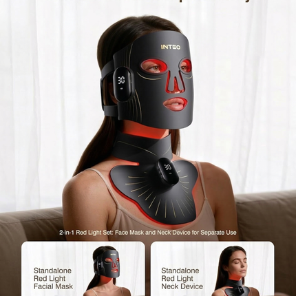 INTEO Red Light Therapy Face & Neck Mask – LED Light Therapy Mask with 4 Light Modes