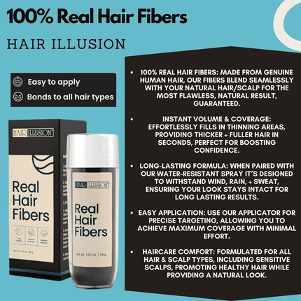 Hair Illusion 100% Real Hair Fibers Combo: Fibers, Hold & Water Spray, & App.
