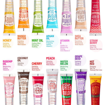 Broadway Vita-Lip Tinted & Clear Lip Gloss Set – 11 Pack Hydrating High-Shine Glosses with Vitamin Oils, Rosehip & Coconut Oil
