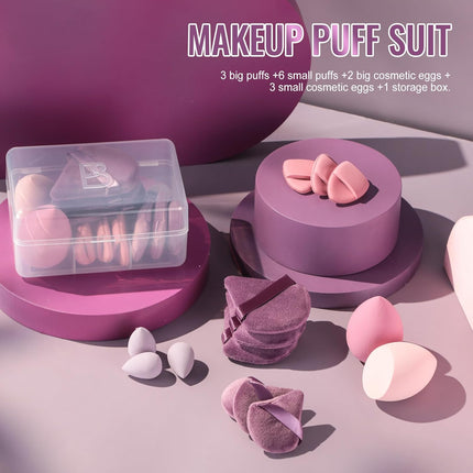 14 Piece Makeup Sponge Set – Triangle Puffs & Mini Sponges with Case for Liquid, Cream & Powder (Purple)
