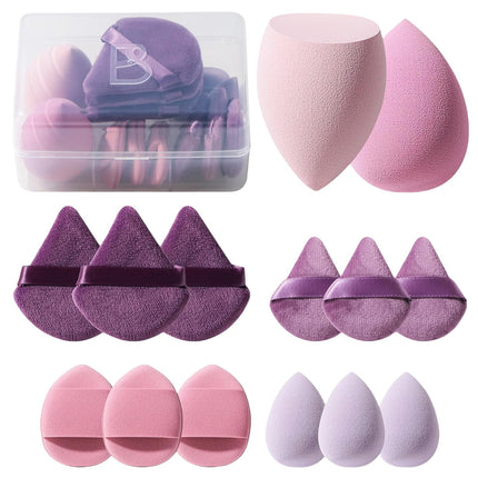14 Piece Makeup Sponge Set – Triangle Puffs & Mini Sponges with Case for Liquid, Cream & Powder (Purple)