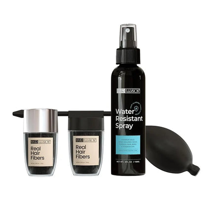 Hair Illusion 100% Real Hair Fibers Kit: 18G Black Fibers, Water Resistant Spray, Applicator Instant Natural Hair Enhancement Sensitive Blend Non Synthetic
