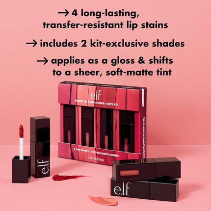 Glossy Lip Stain 4-Day Kit – Long-Lasting Lip Stains with a Sheer Wash of Color & Subtle Gloss Finish, Vegan & Cruelty-Free