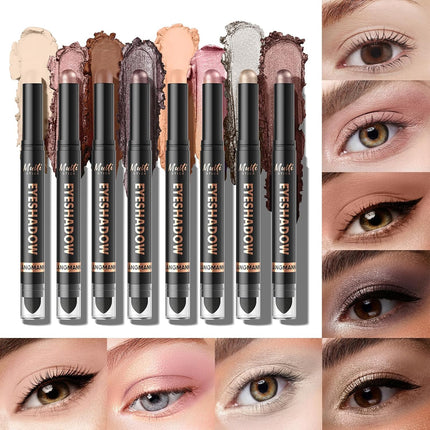 8-Color Dual-Ended Cream Eyeshadow Stick Set – Waterproof, Transfer-Proof, Matte & Shimmer Eye Makeup with Built-In Blender Brush