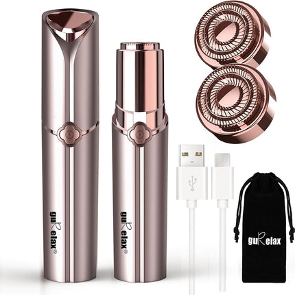 Rechargeable Facial Hair Remover for Women – Painless Electric Trimmer for Face, Lip & Chin with 2 Replacement Heads, Rose Gold