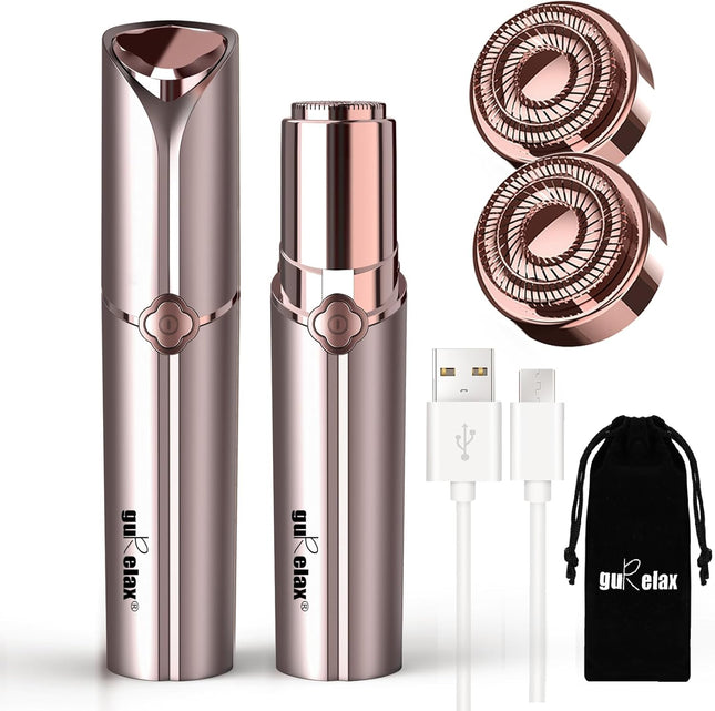 Rechargeable Facial Hair Remover for Women – Painless Electric Trimmer for Face, Lip & Chin with 2 Replacement Heads, Rose Gold