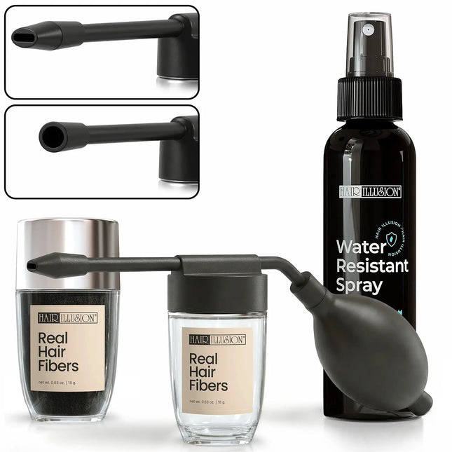 Hair Illusion 100% Real Hair Fibers Kit: 18G Black Fibers, Water Resistant Spray, Applicator Instant Natural Hair Enhancement Sensitive Blend Non Synthetic